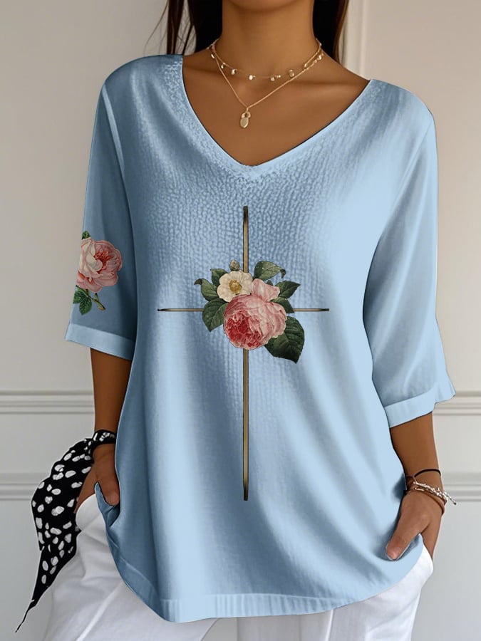Women's Vintage Floral Metal Cross V-Neck T-Shirt