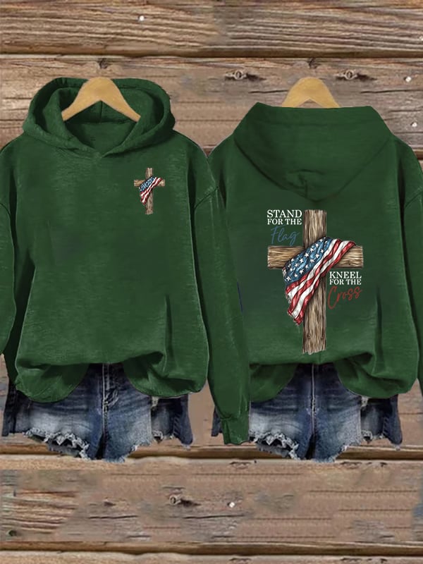 Women's Stand For The Flag Kneel For The Cross Printed Casual Hoodie