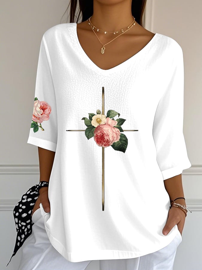 Women's Vintage Floral Metal Cross V-Neck T-Shirt