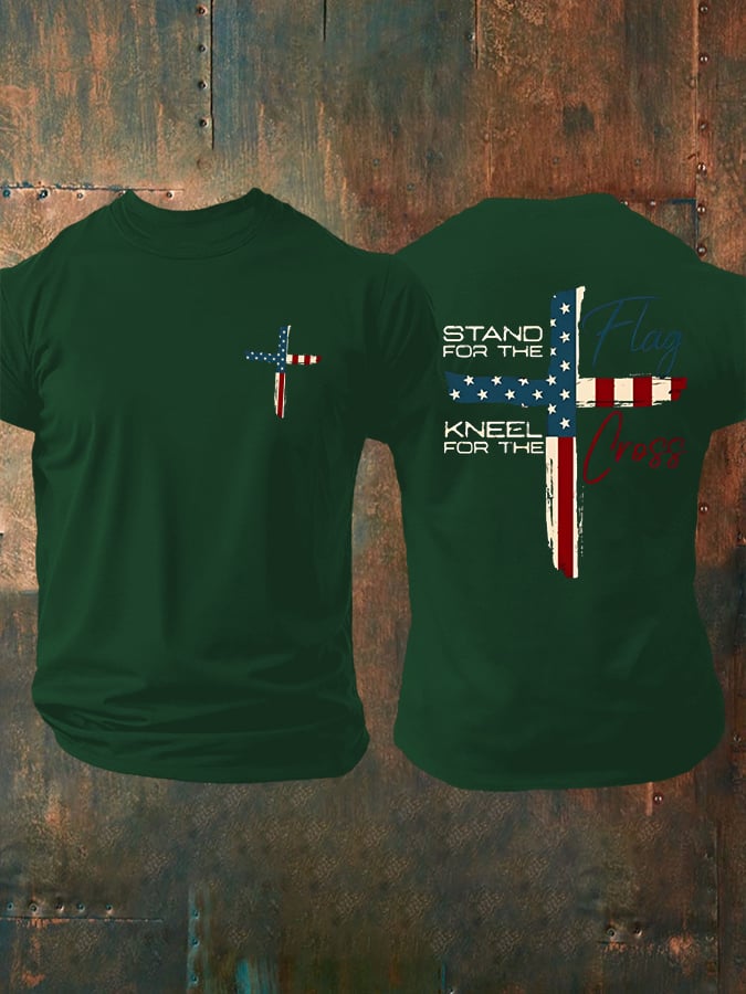 Men's Stand For The Flag Kneel For The Cross Printed Casual T-Shirt