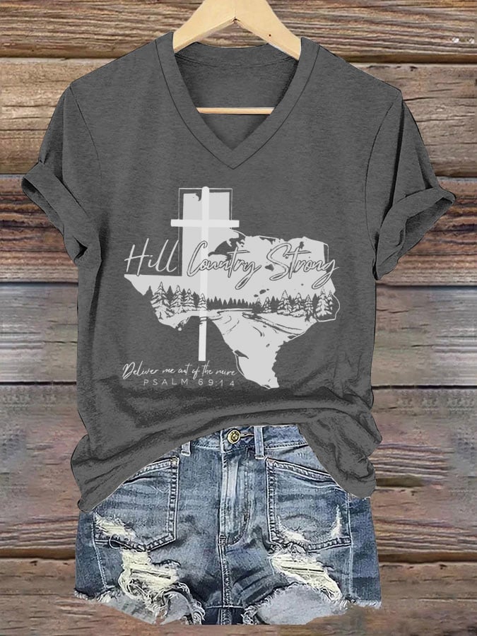 Women's Western Texas Print V-Neck Short Sleeve T-Shirt