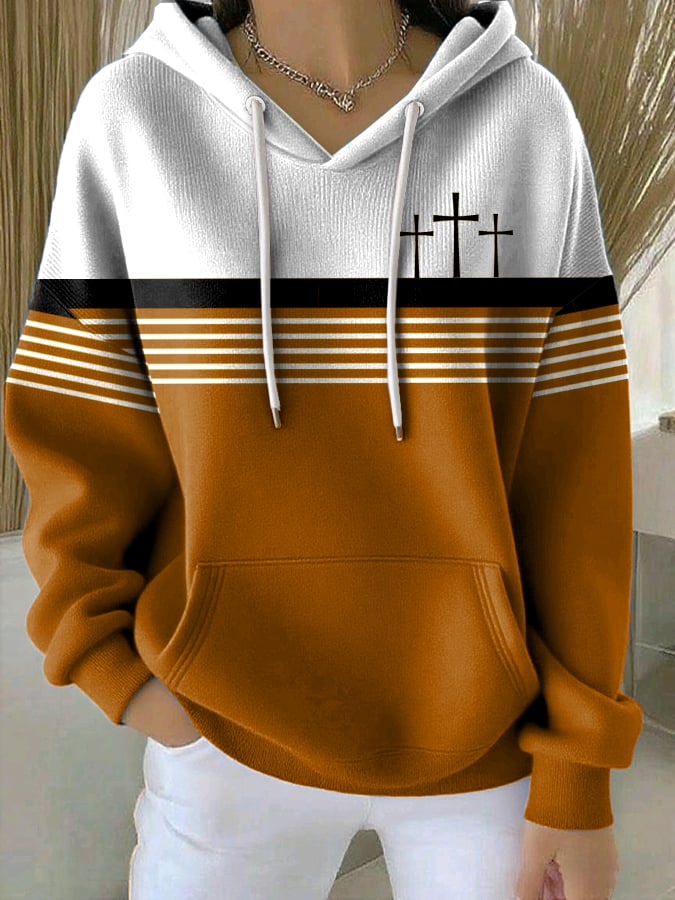 Women's Retro Faith Cross Print Casual Hooded Sweatshirt