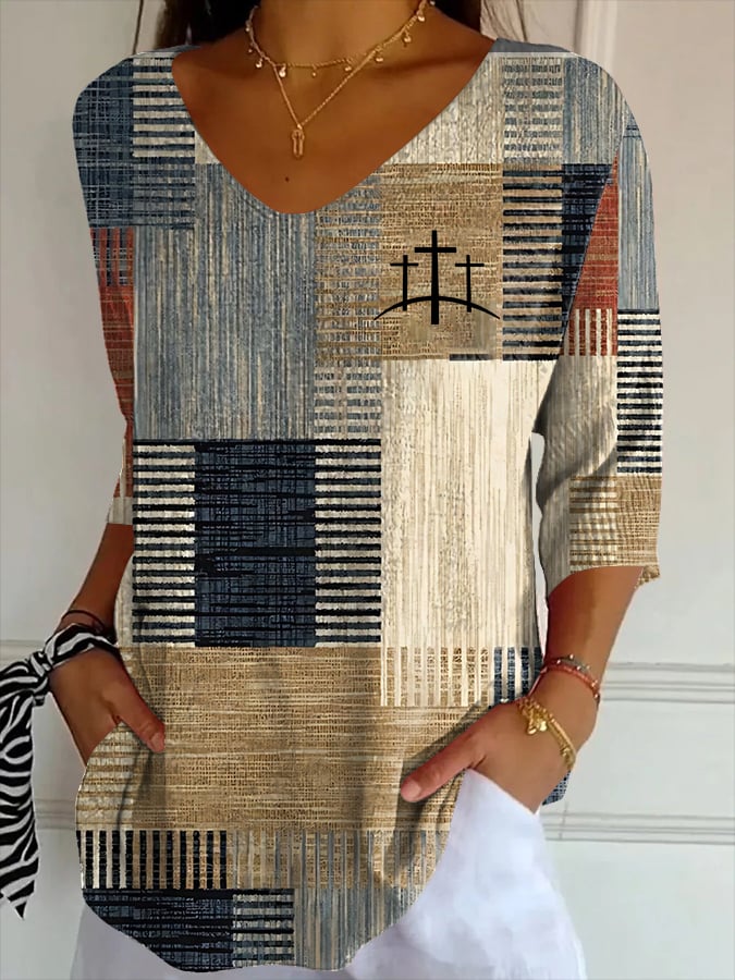 Women's Casual Retro Contrast Color Square Faith Striped T-Shirt