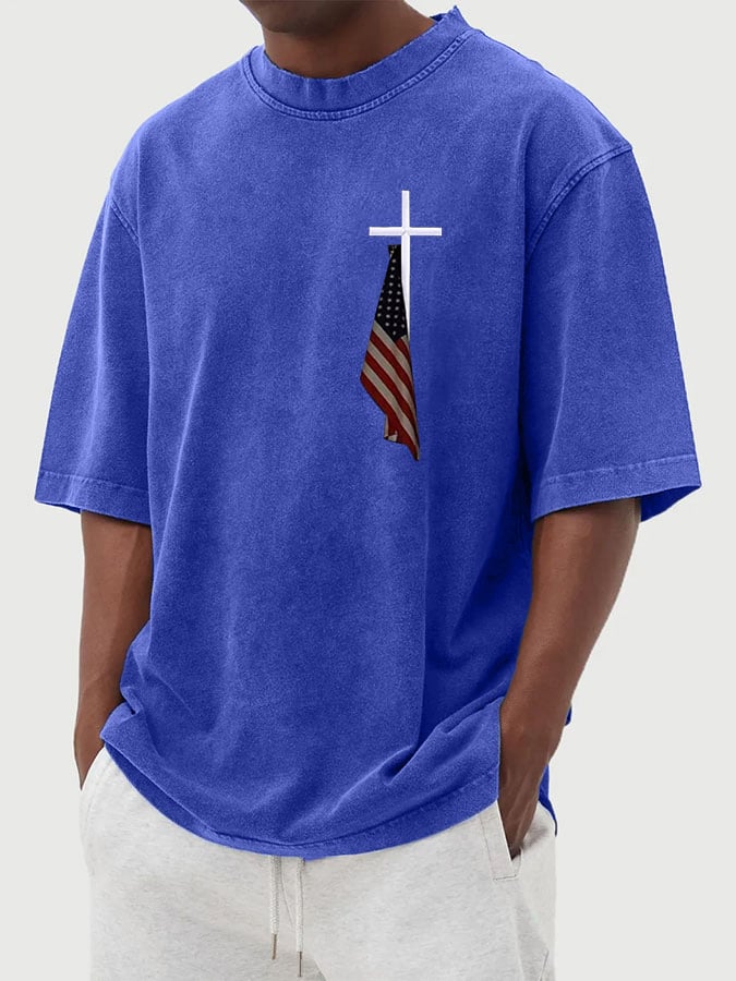 Men's Vintage Flag Cross Print Cotton Washed T-Shirt
