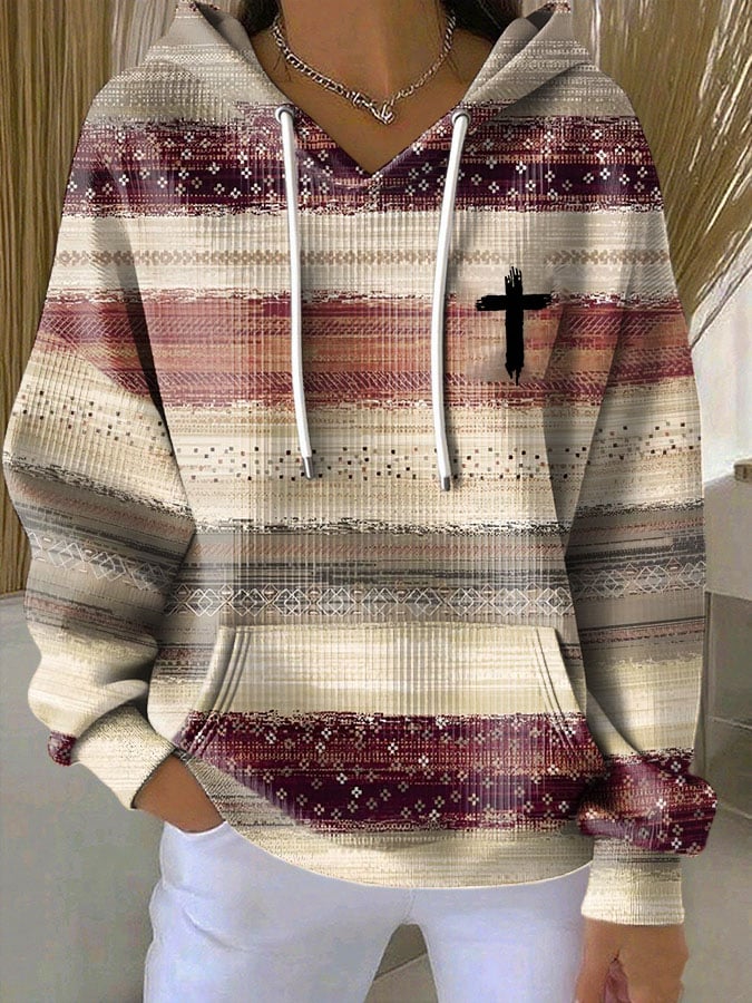 Women's Casual Retro Contrast Color Block Faith Hoodie
