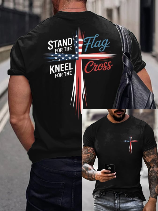 🔥Hot Sale Picks 🔥Men's Stand For Flag Kneel For The Cross Print T-Shirt