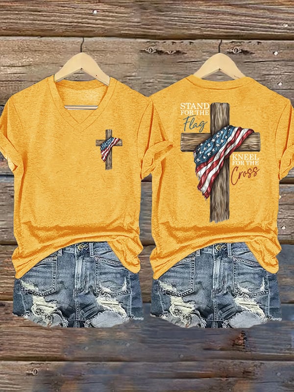 Women's Stand For The Flag Kneel For The Cross Printed Casual V-Neck T-Shirt