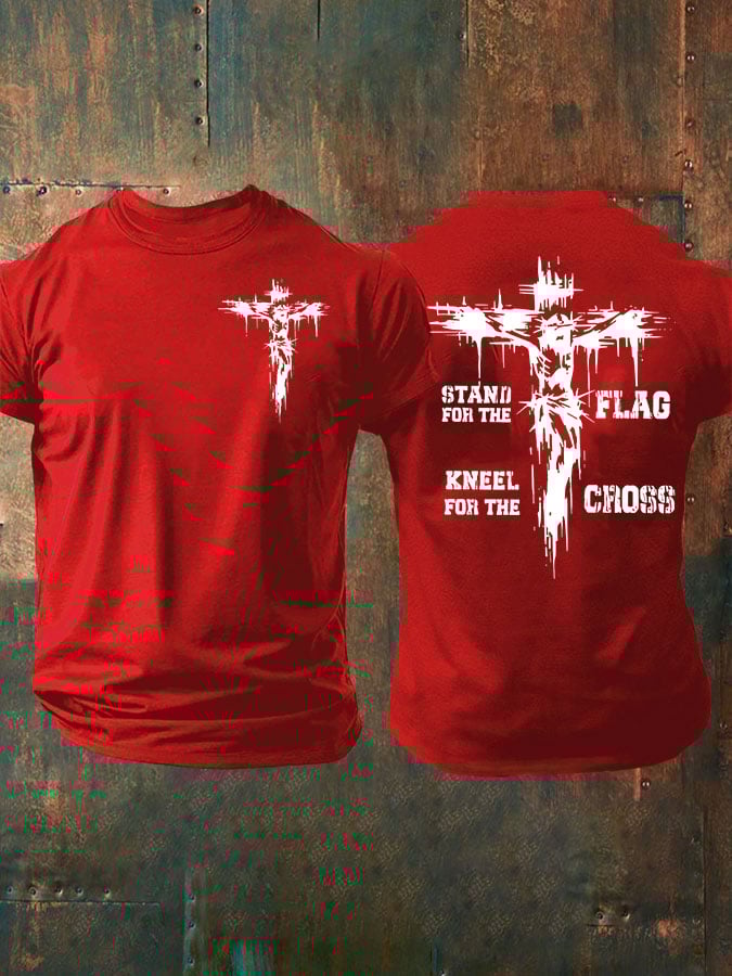 Men's Stand For The Flag Kneel For The Cross Printed Casual T-Shirt
