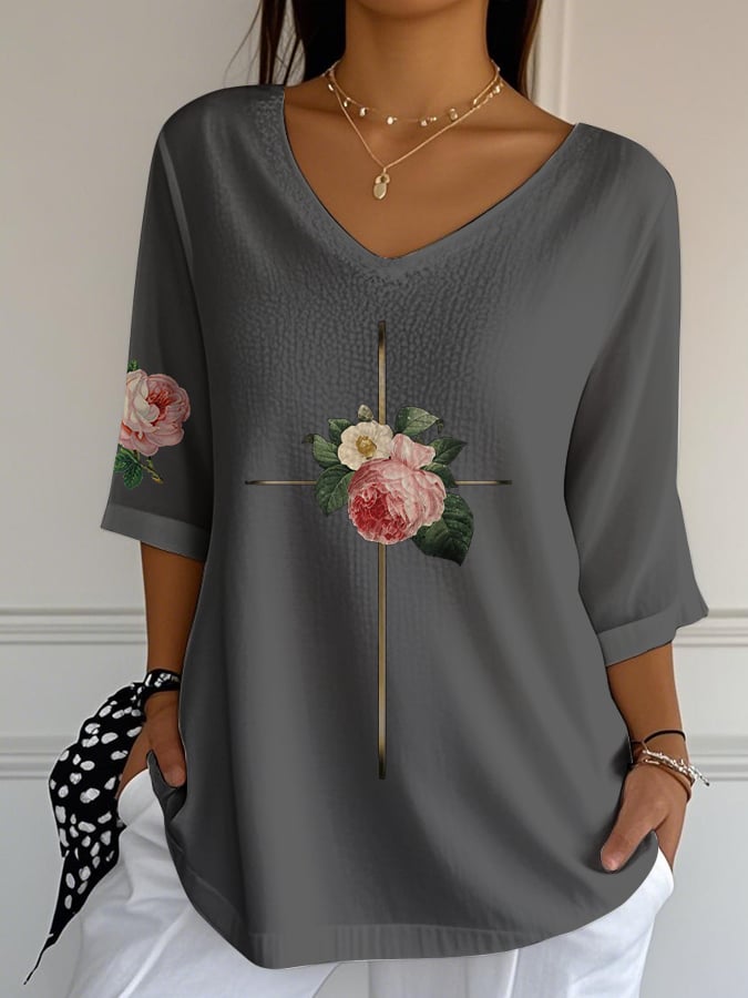 Women's Vintage Floral Metal Cross V-Neck T-Shirt