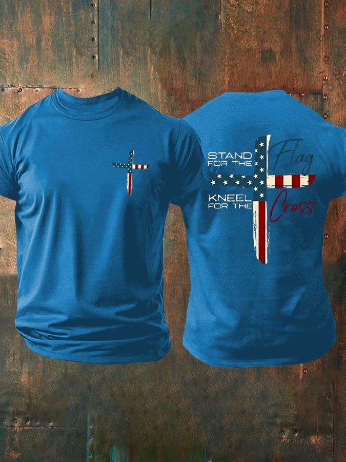 Men's Stand For The Flag Kneel For The Cross Printed Casual T-Shirt