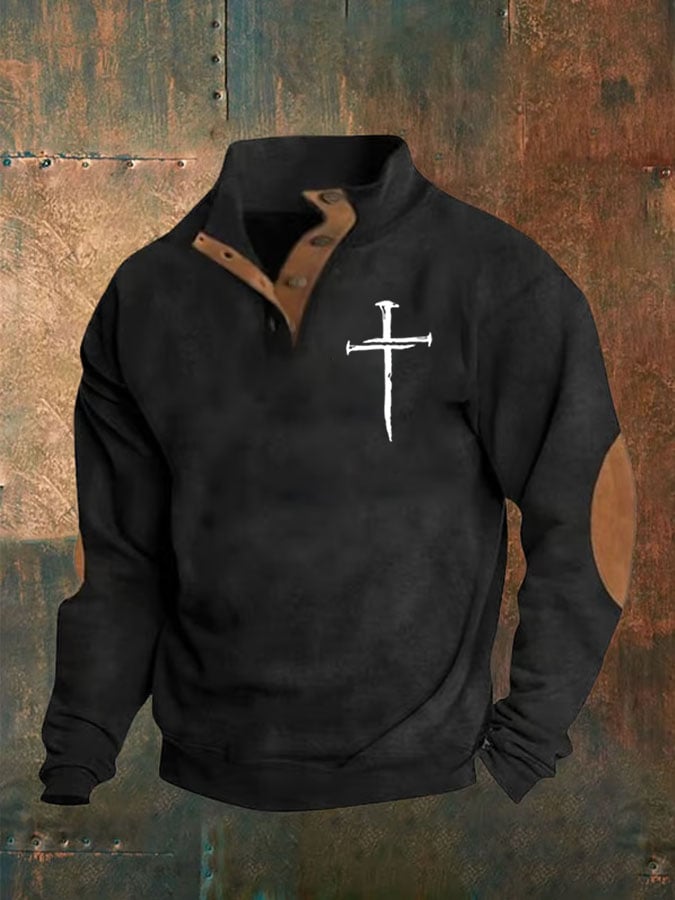 Men's Faith Cross Printed Stand Collar Button Sweatshirt