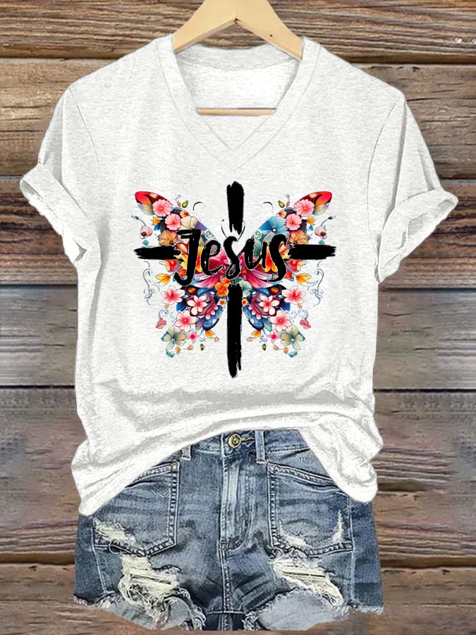 Women's Jesus Butterfly Cross Print Short Sleeve T-Shirt