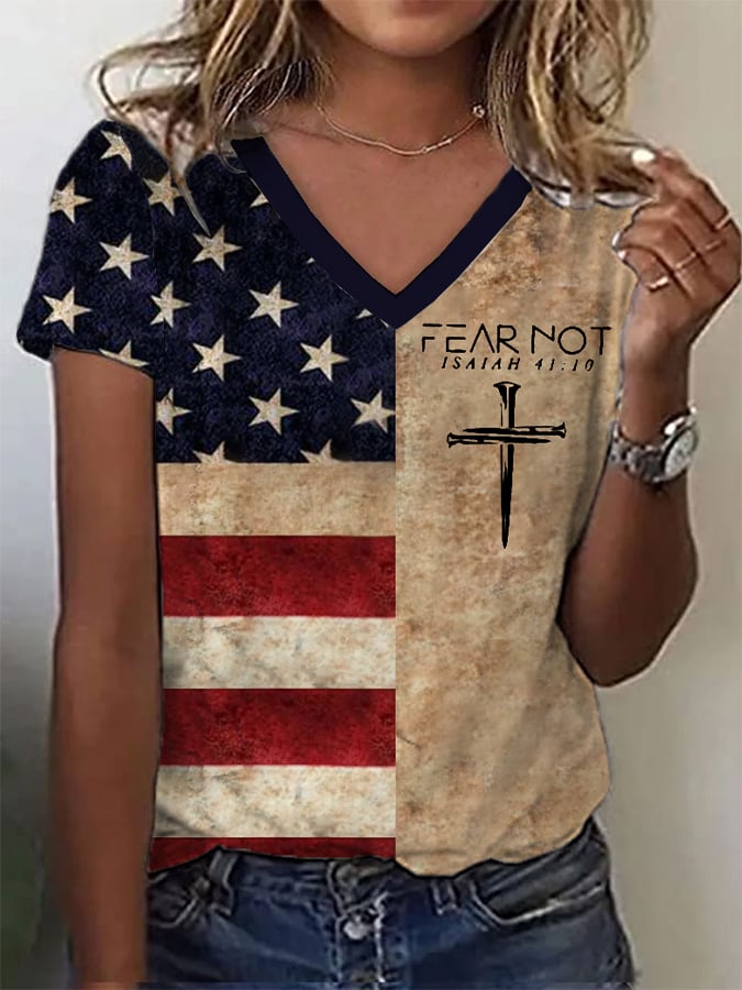 Women's Fear Not Vintage Flag Print V Neck T-Shirt