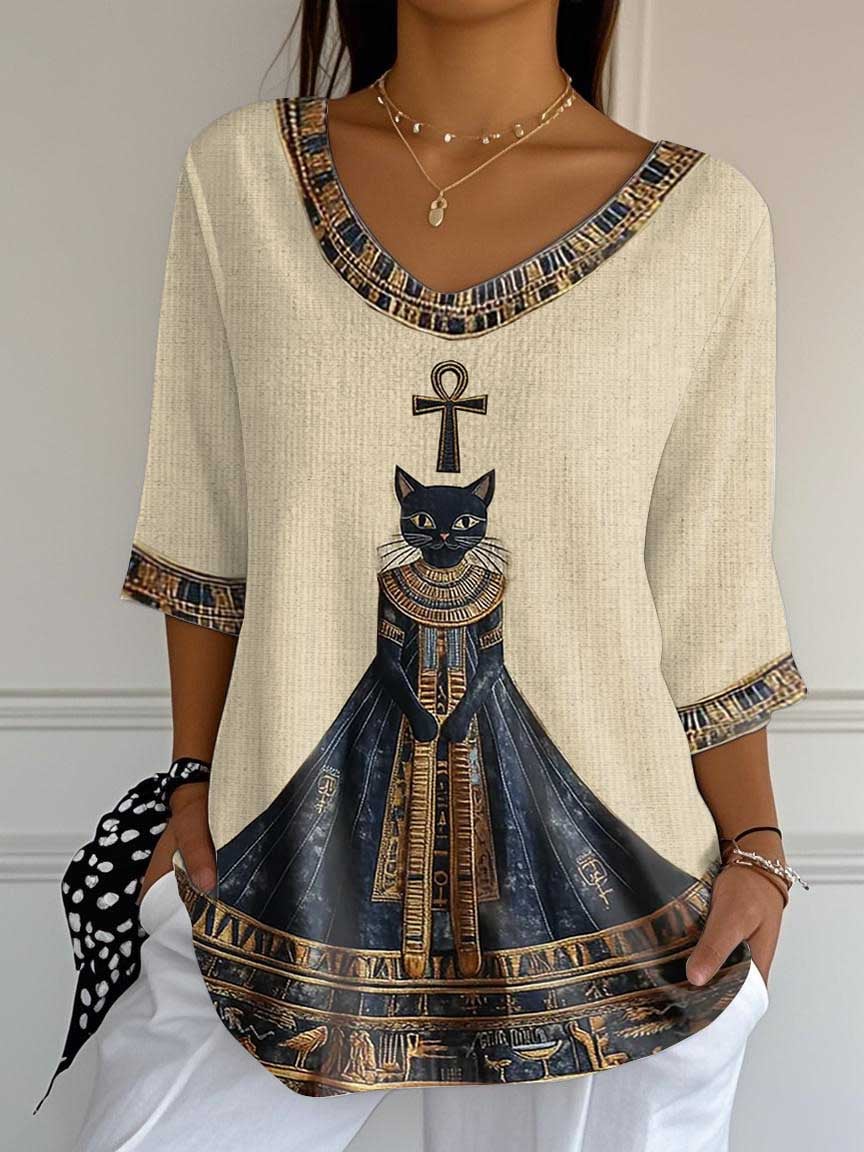 Women's Egyptian Cat Cross V Neck Print Tunic