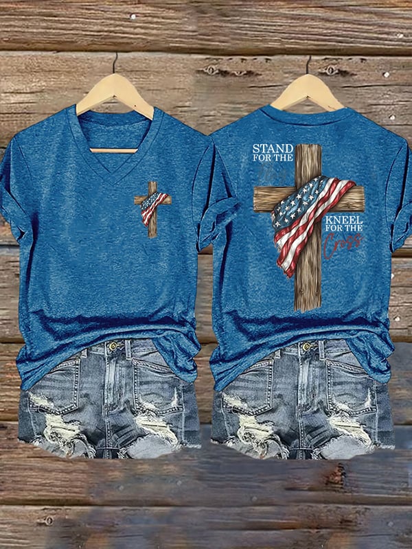 Women's Stand For The Flag Kneel For The Cross Printed Casual V-Neck T-Shirt