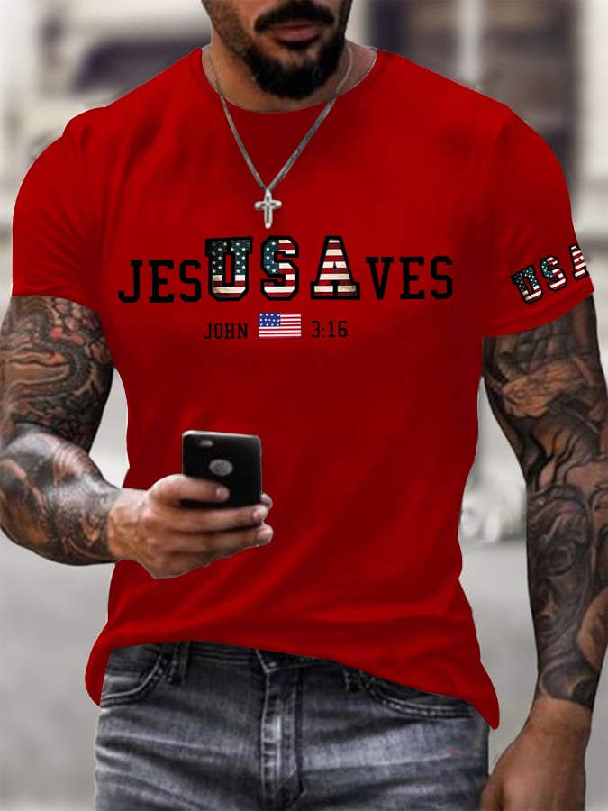 Men's Vintage USA Jesus Saves Printed Round Neck T-Shirt