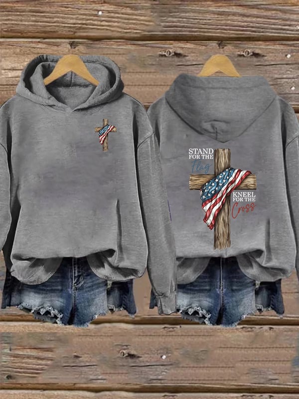 Women's Stand For The Flag Kneel For The Cross Printed Casual Hoodie