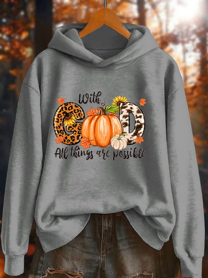 Women's With God All Things Are Possible Pumpkins Printed Hoodie
