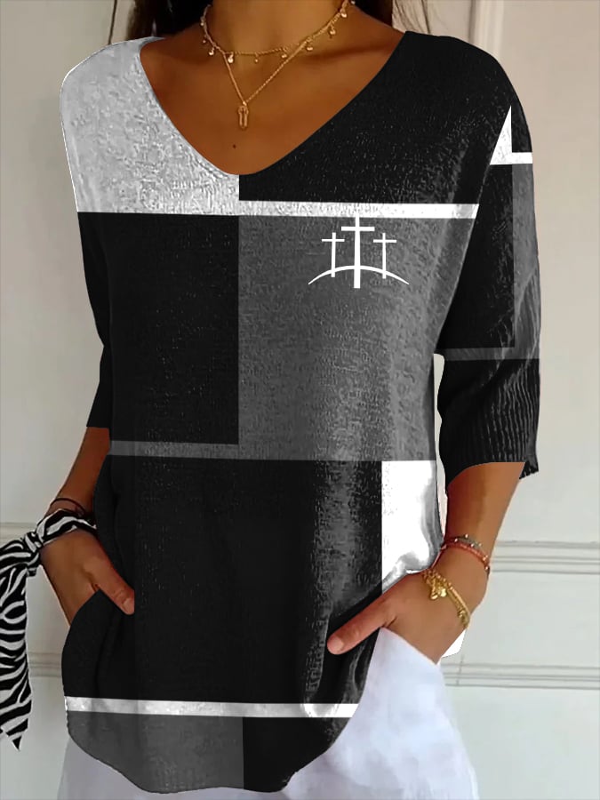 Women's Casual Retro Contrast Color Square Faith Striped T-Shirt