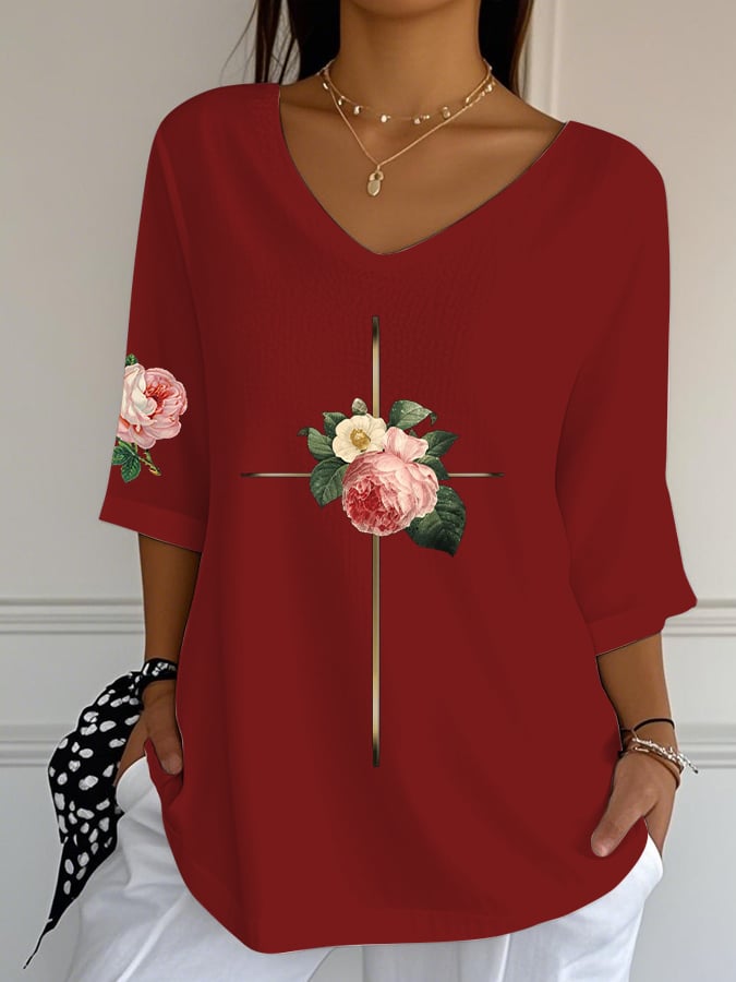 Women's Vintage Floral Metal Cross V-Neck T-Shirt