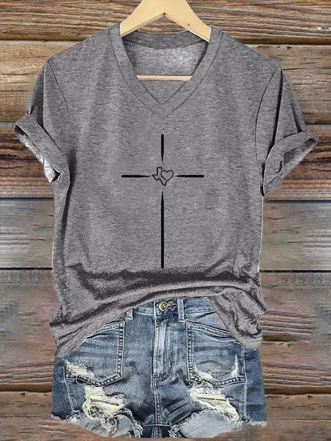 Women's Texas Faith Cross Printed Casual T-Shirt