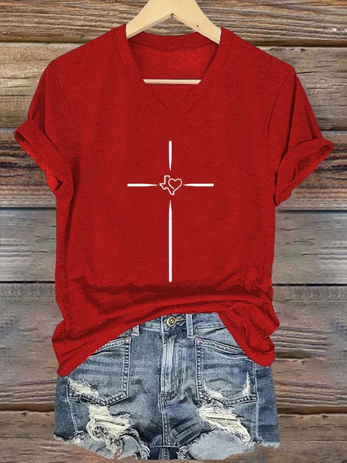 Women's Texas Faith Cross Printed Casual T-Shirt