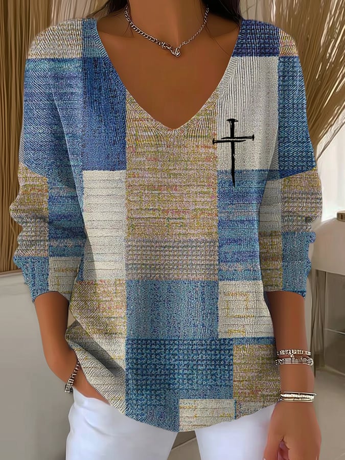 Women's Casual Retro Color Block Faith Ribbed Long-Sleeved Top