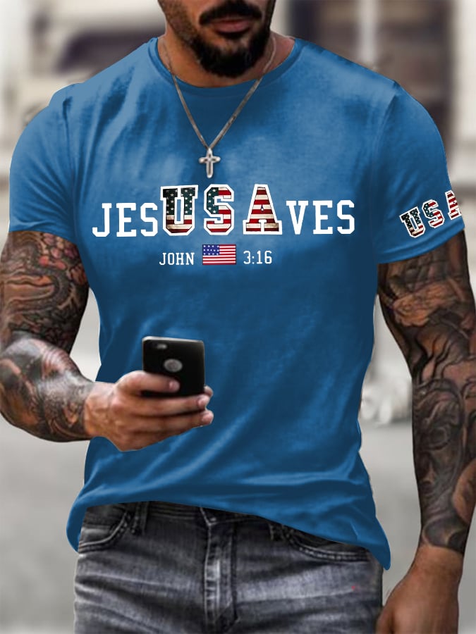 Men's Vintage USA Jesus Saves Printed Round Neck T-Shirt