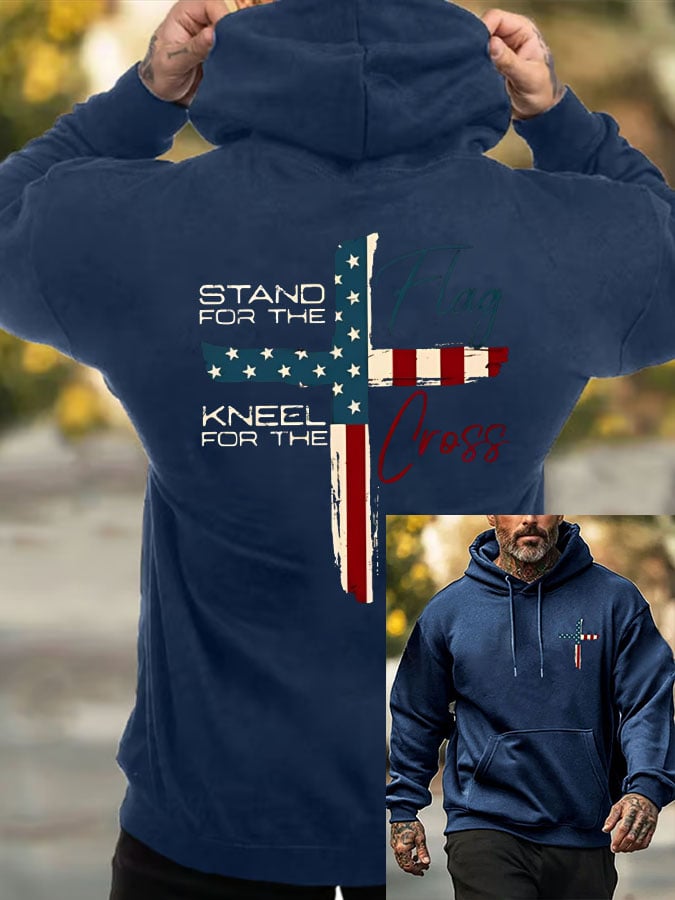 Men's Stand For The Flag Kneel For The Cross Printed Casual Hoodie