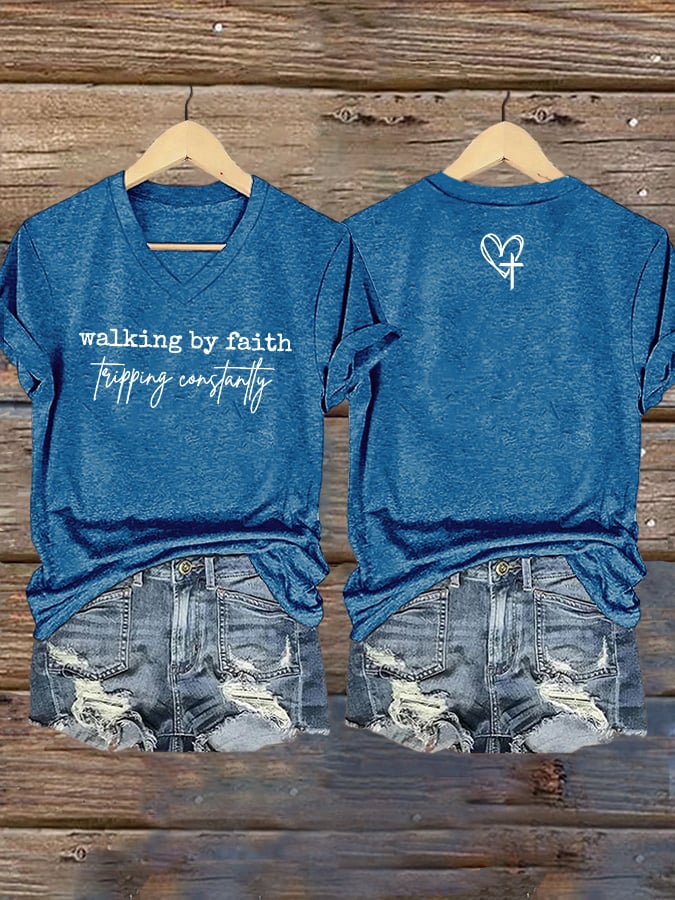 Women's Walking By Faith Tripping Constantly  Print T-Shirt