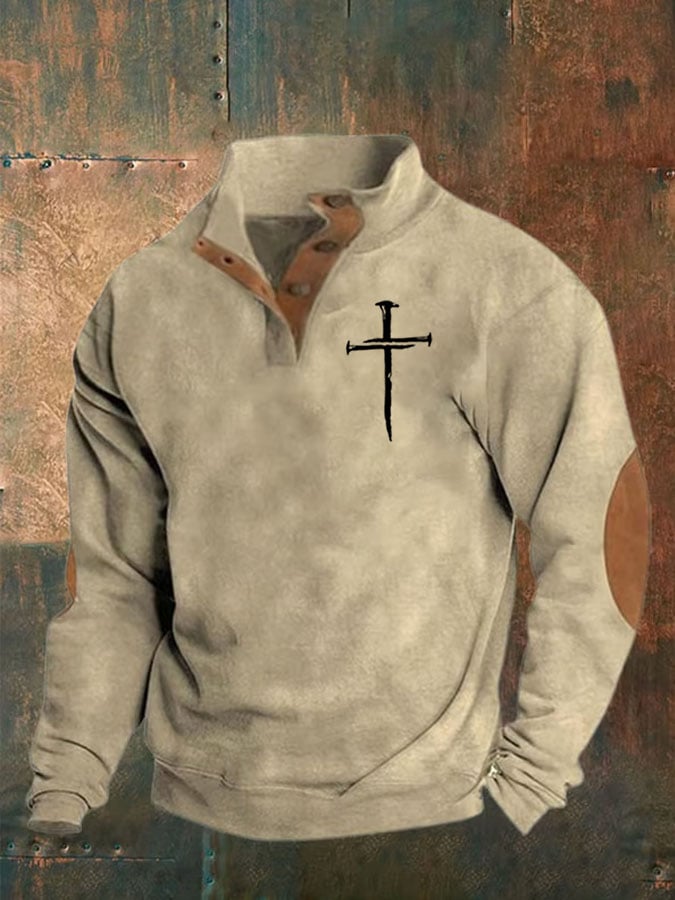 Men's Faith Cross Printed Stand Collar Button Sweatshirt