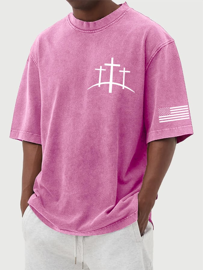 Men's Flag Faith Cross Printed Cotton Washed T-Shirt