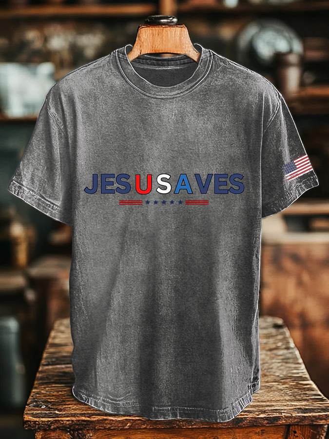 Men's Vintage USA Jesus Saves Printed Round Neck T-Shirt