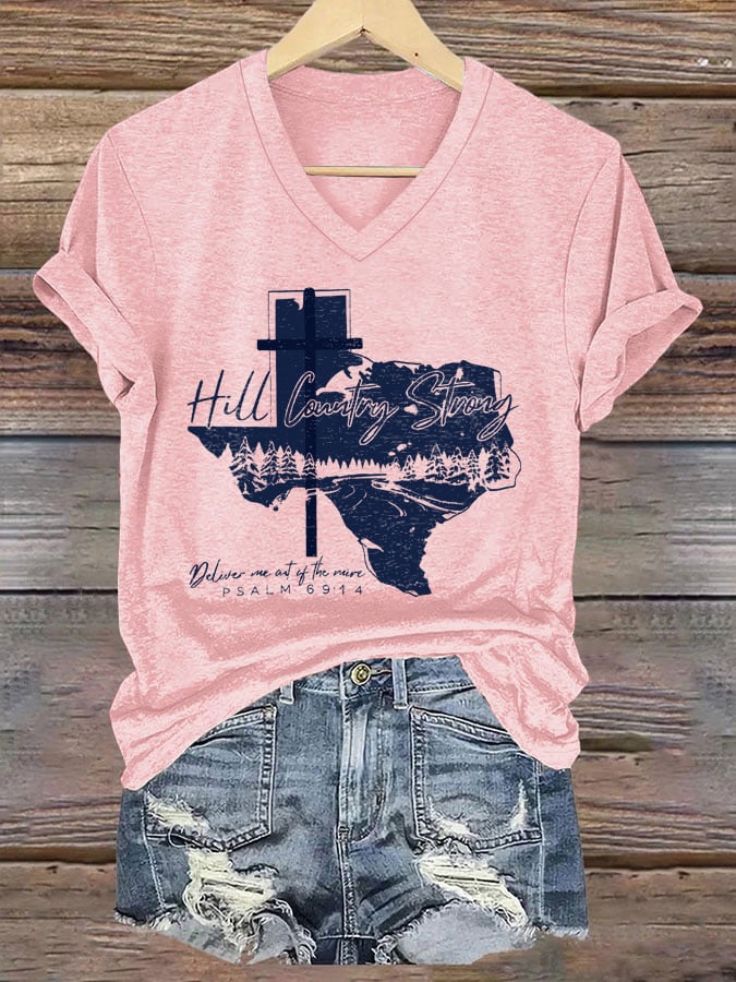 Women's Western Texas Print V-Neck Short Sleeve T-Shirt