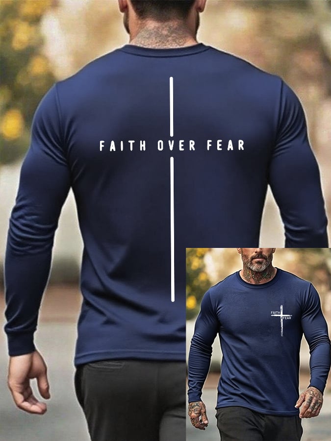 Men's Retro Faith Cross "Faith Over Fear" Print Crew Neck T-Shirt