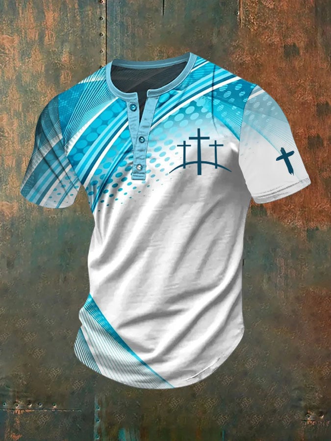 Men's Vintage Faith Cross Design Print Henley Neck T-Shirt