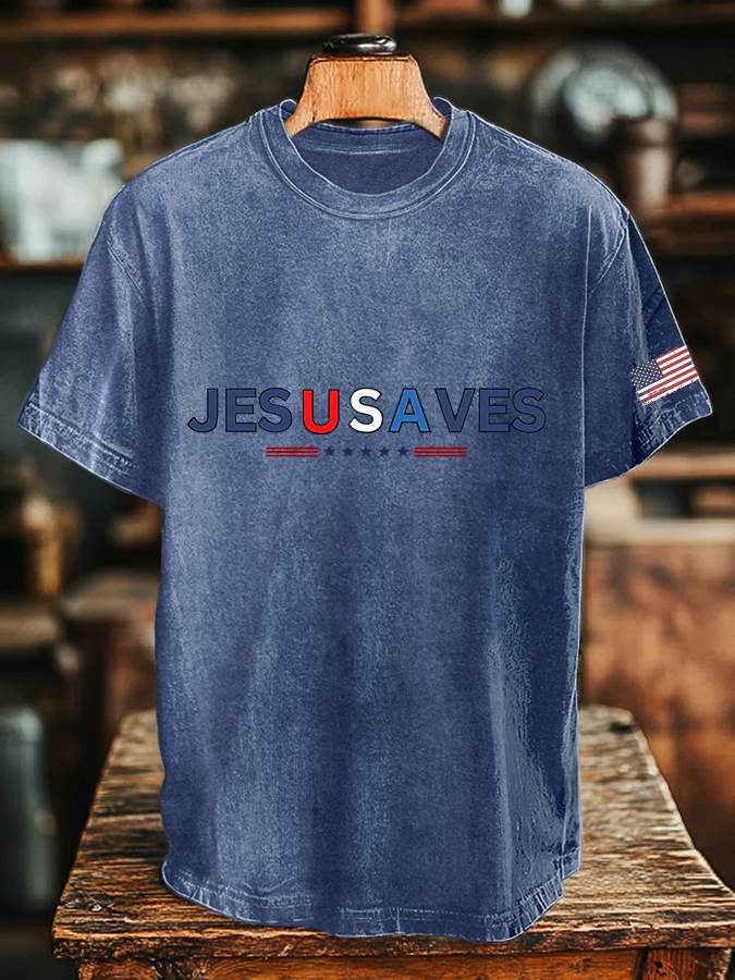 Men's Vintage USA Jesus Saves Printed Round Neck T-Shirt