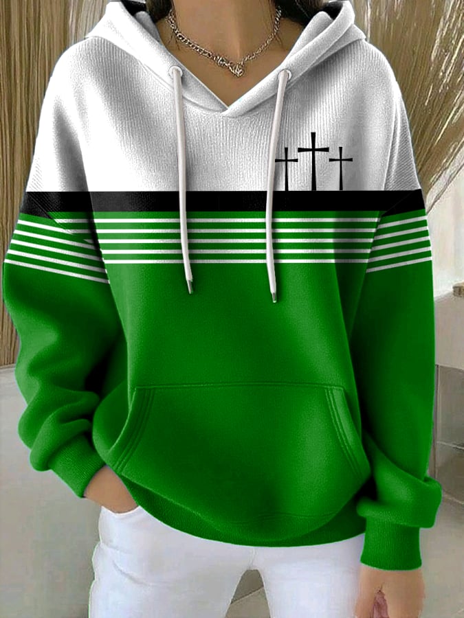 Women's Retro Faith Cross Print Casual Hooded Sweatshirt